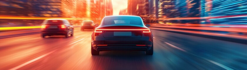 Naklejka premium A dynamic city scene with a sleek car driving at high speed, illuminated by vibrant lights and the motion of urban life.