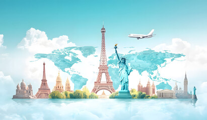 Illustration of a trip around the world, featuring famous landmarks on a globe. The artwork showcases various iconic monuments and creates a world travel background.
