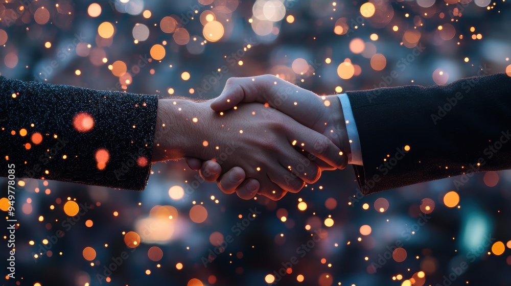 Poster two people shaking hands, with a blurred background of a crowded networking event, symbolizing conne