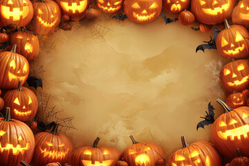 Illuminated Jack-o'-Lanterns Surrounding a Beige Background with Cobwebs and Bats