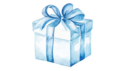 Obraz premium Watercolor Illustration of a Blue Gift with a Striped Ribbon, Showcasing Delicate Brushstrokes and Soft Colors. 