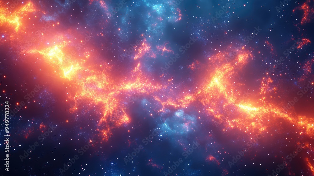 Poster futuristic visualization of cosmic residue with dynamic, glowing particles and nebulae drifting thro