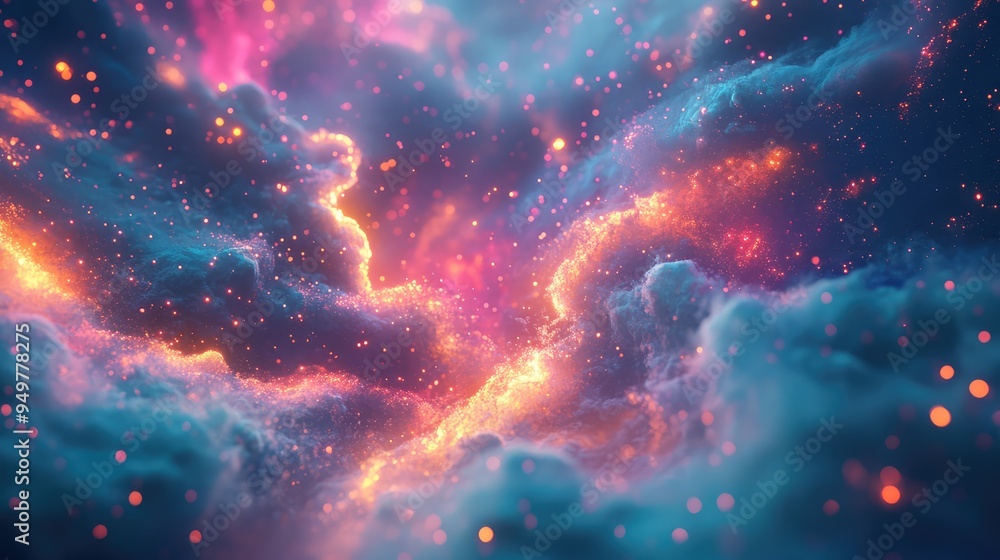 Poster futuristic visualization of cosmic residue with dynamic, glowing particles and nebulae drifting thro