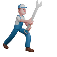 Professional 3D Male Technical Mechanic. A mechanic is standing facing to the left, the position of the left foot is in front and the right foot is behind while both hand holding a large crank. Cart