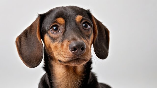 Portrait of Chocolate and tan smooth haired dachshund dog on grey background