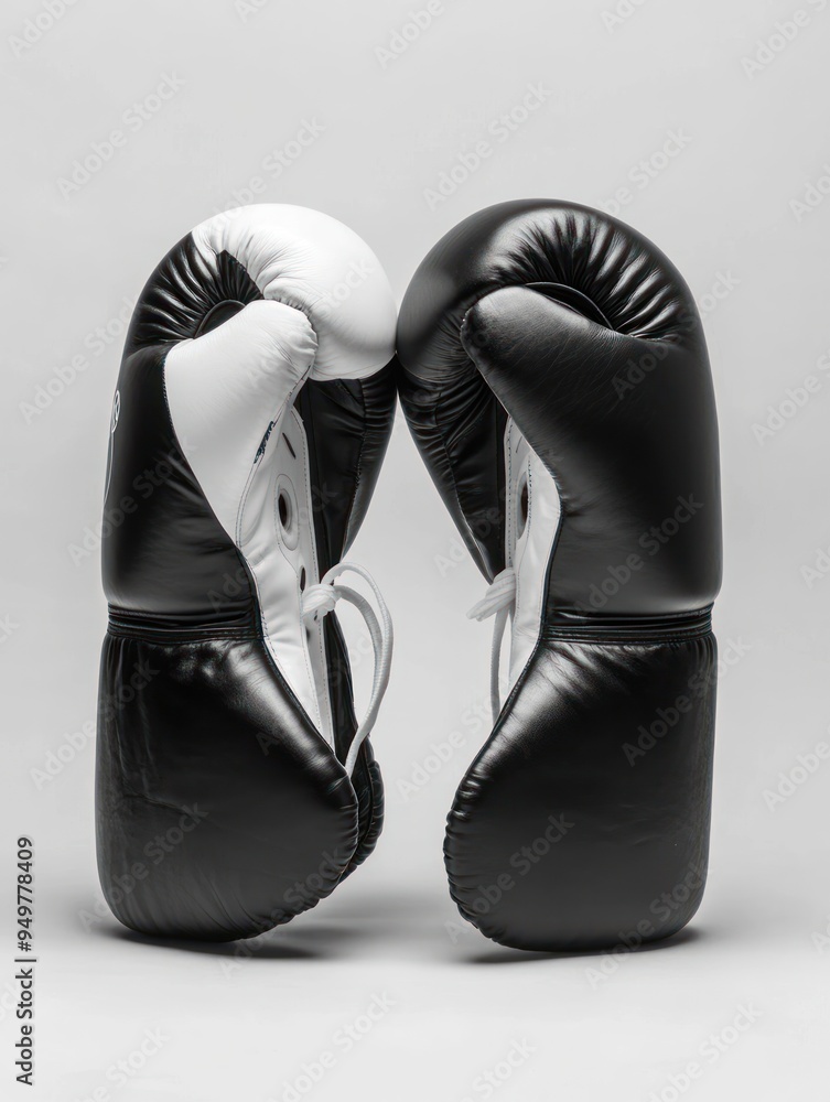 Wall mural A pair of black and white boxing gloves displayed together, symbolizing sports and competition.