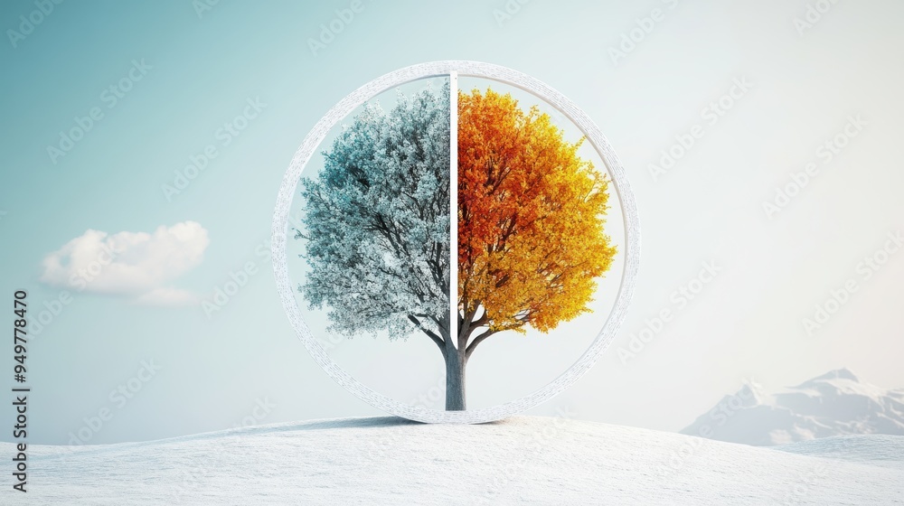 Poster a circular timeline illustrating the seasonal changes throughout a year, with each segment represent