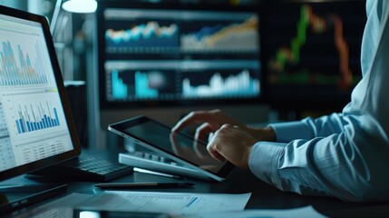 Male businessman using a tablet and computer to analysis graph company financial in office.