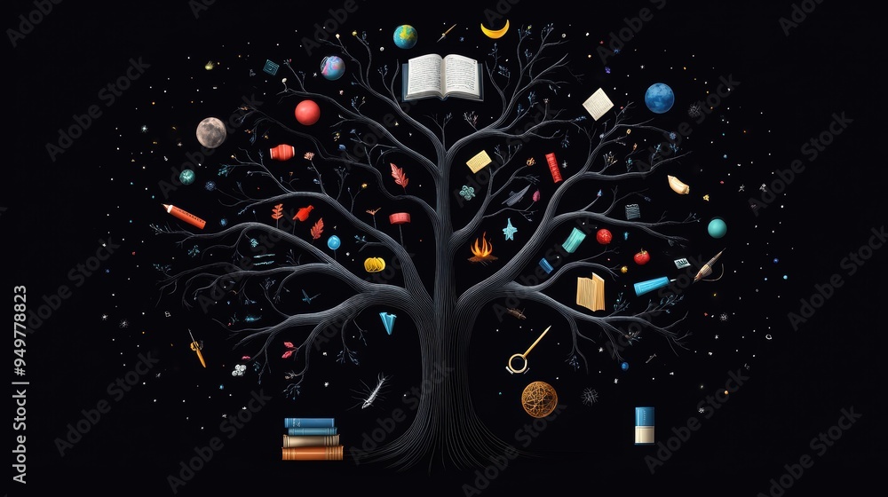 Poster a circular mind map showcasing the different branches of knowledge in a specific academic discipline