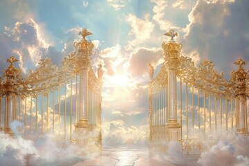 Heavenly Gates Opening in Surreal Golden Sunrise - Digital Art for Dreamlike Themes, Posters, Cards