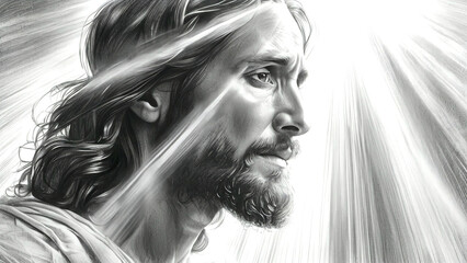 Fototapeta premium Jesus Christ face portrait in pencil sketch style with radiant light rays close-up detailed black and white new beautiful stock image illustration AI