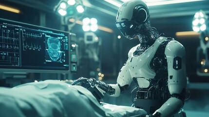 Futuristic robot with glowing eyes and helmet for advanced visuals