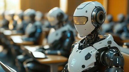 High-tech robot with glowing eyes and helmet for creative digital designs