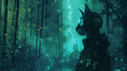 Fototapeta premium A futuristic fantasy character with a sleek cat head, sunglasses, and headphones, walking through a digital forest with pixelated trees and glowing pathways.