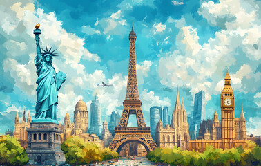 Fototapeta premium Illustration of a trip around the world, featuring famous landmarks on a globe. The artwork showcases various iconic monuments and creates a world travel background.