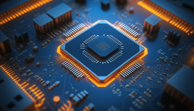 Puce lumineuse informatique moderne composants ordinateur pc circuit imprim&eacute; carte m&egrave;re.