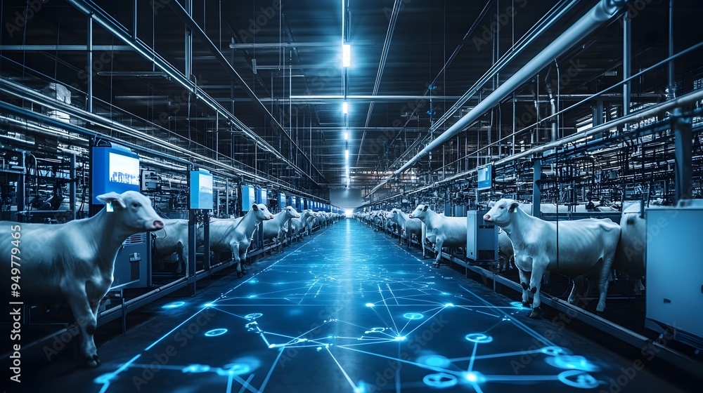 Poster cutting edge iot integrated dairy farm with advanced automated milking systems for efficient and sus
