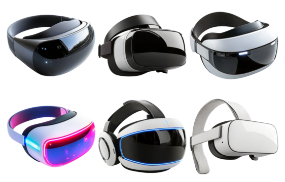 Collection of VR headsets in different designs and colors isolated on transparent background