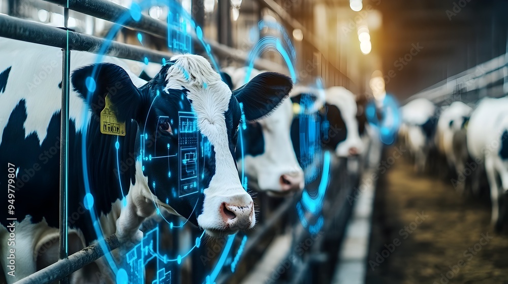Poster a photograph showcasing an advanced iot powered management system on a large modern sustainable farm