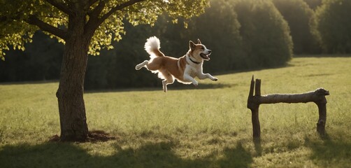 The dog is jumping, playing on the farm.