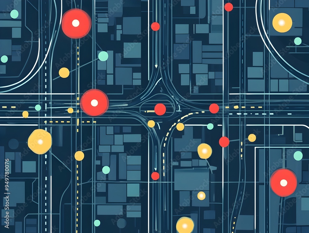 Poster detailed transportation network map with key intersections and traffic lights