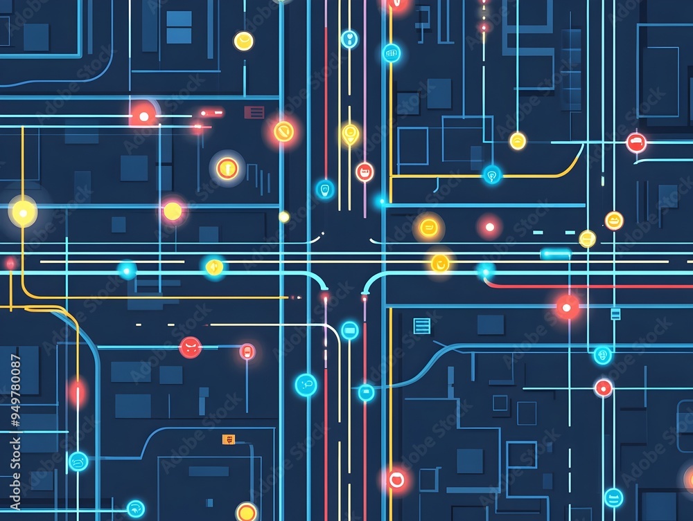 Poster detailed transportation network map with key intersections and traffic lights