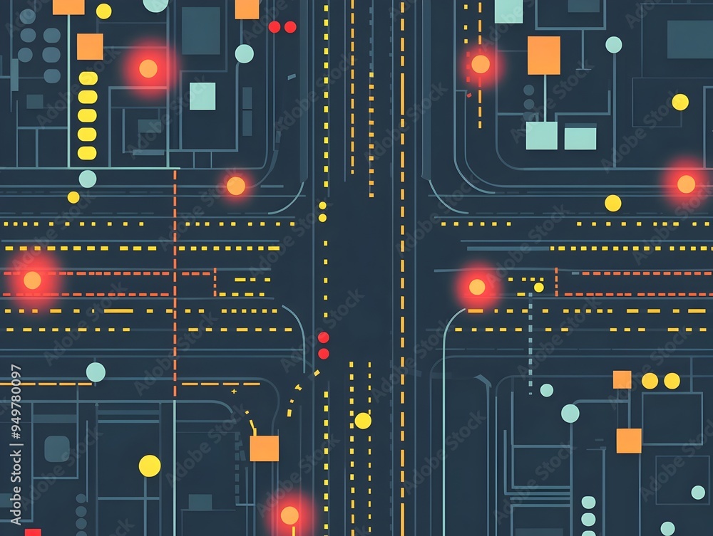 Poster Detailed Transportation Network Map with Key Intersections and Traffic Lights