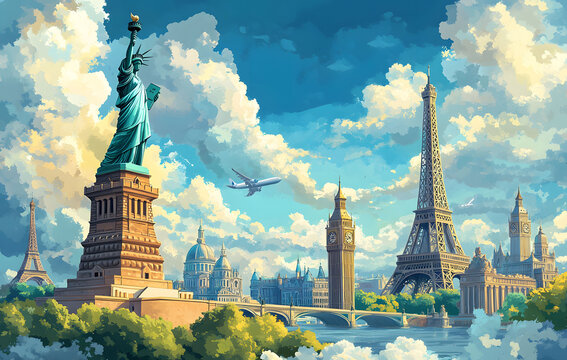 Illustration of a trip around the world, featuring famous landmarks on a globe. The artwork showcases various iconic monuments and creates a world travel background.