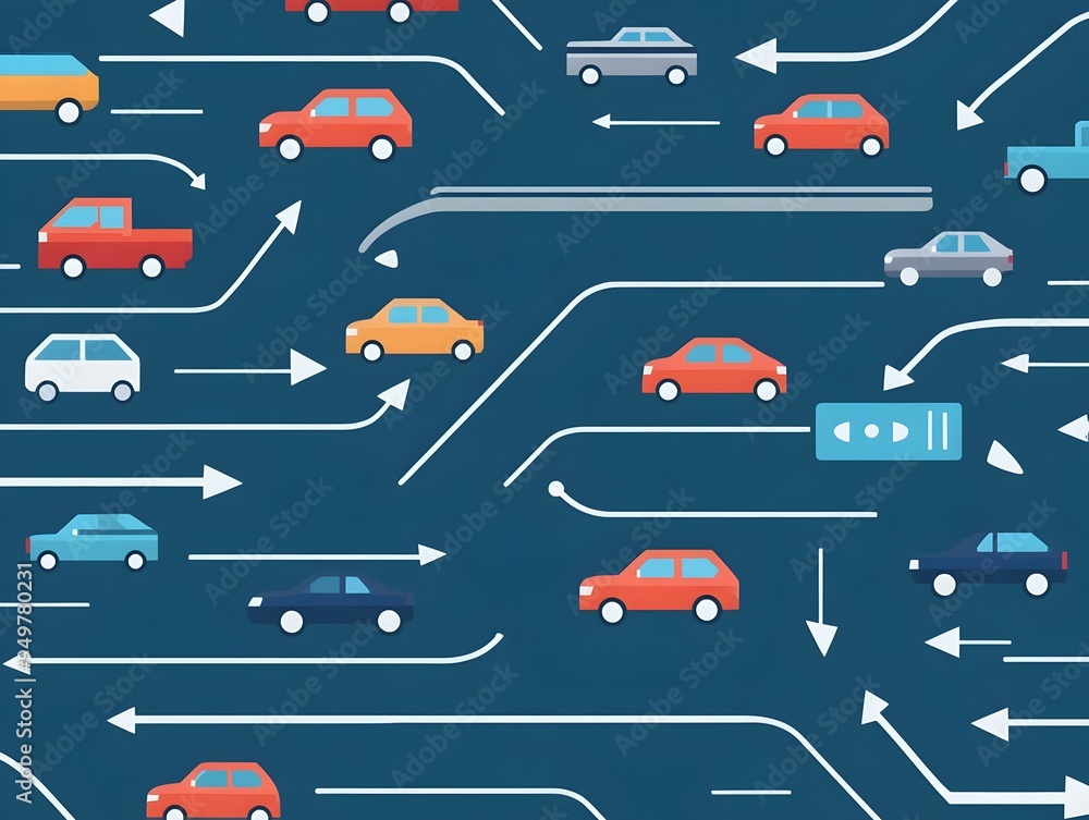 Poster traffic flow analysis chart with arrows and vehicle symbols for transportation management