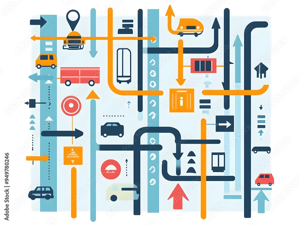 Poster flat image of a traffic flow analysis chart with arrows and vehicle symbols