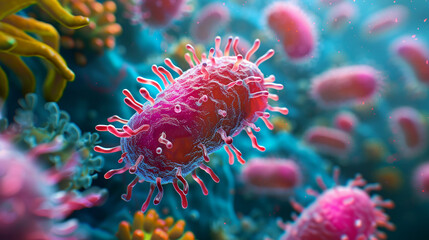 Fototapeta premium microscopic shot of different types of microbes Virus cells and bacteria background