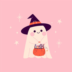 Halloween card with ghost character in witch hat and pumpkin. Halloween phantom, spirit. Happy holiday, Halloween for kids. Vector illustration in flat style