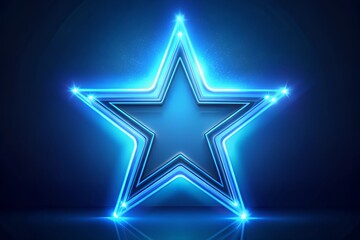 Obraz premium Blue star glowing blue neon with curved light lines and sparkle on dark blue background. Award concept.