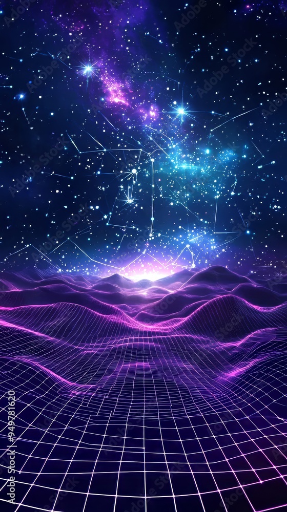Poster An abstract landscape in ultraviolet on a dark background. Purple cyberspace grid. Hi-tech network. Outer space. Violet starry outer space texture. 3D graphic.