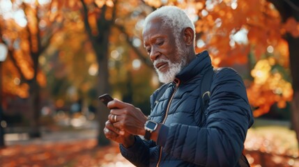 Senior Man Using Fitness Tracker in Autumn Park for Health Monitoring