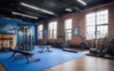 interior of a gym with dumbbells, barbell, bike paths, blurry background