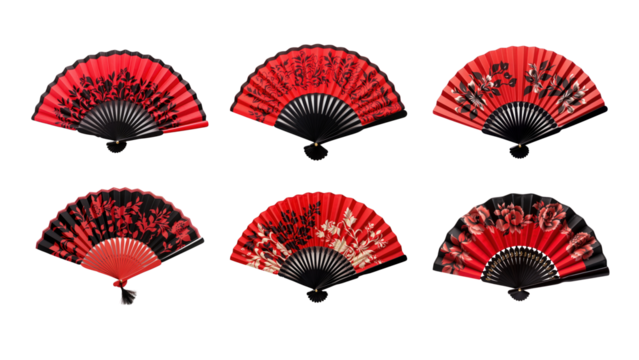 PNG red hand fan element set, transparent background