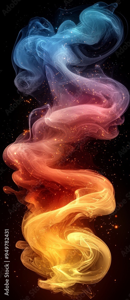 Poster a colored abstract of waving smoke with textured splashes on black, mixed with digital illustration 