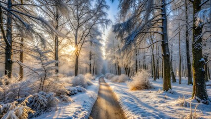 Fototapeta premium Snowy Path Through a Winter Forest at Sunrise 