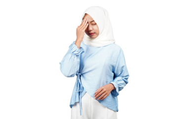 Asian hijab girl hold her head with dizzy expression isolated transparent