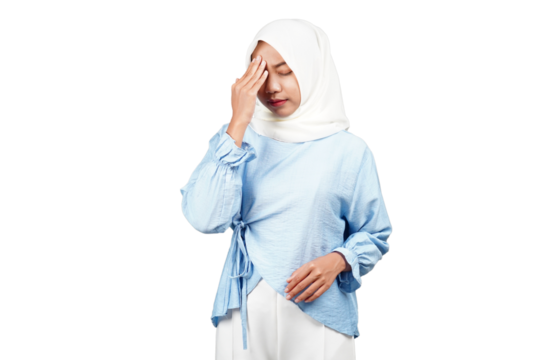 Asian hijab girl hold her head with dizzy expression isolated transparent