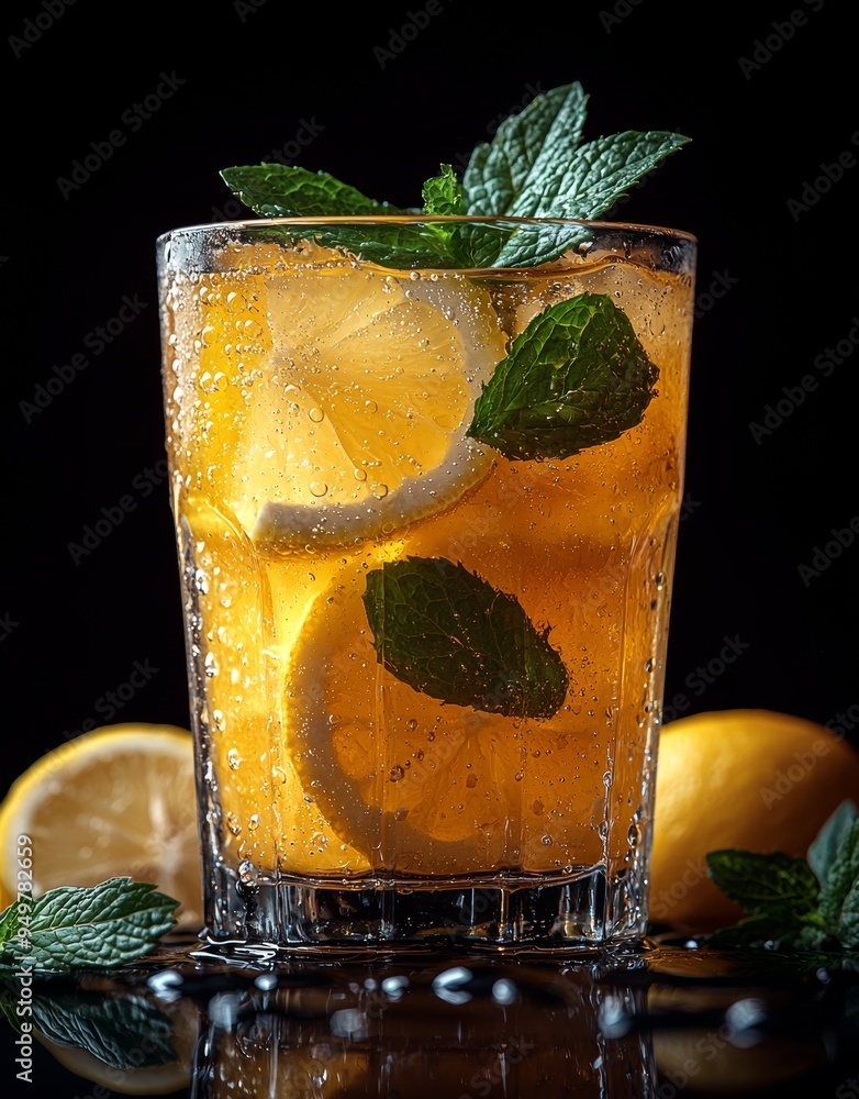 Aufkleber using digital illustration and matte painting, this soda water with lemon slices or citrus fruit and
