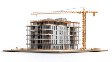 A detailed construction site model of an apartment complex being built