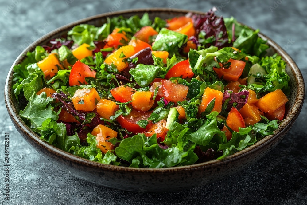 Aufkleber in this video, a wooden bowl is depicted with salad ingredients floating in the air, using mixed dig