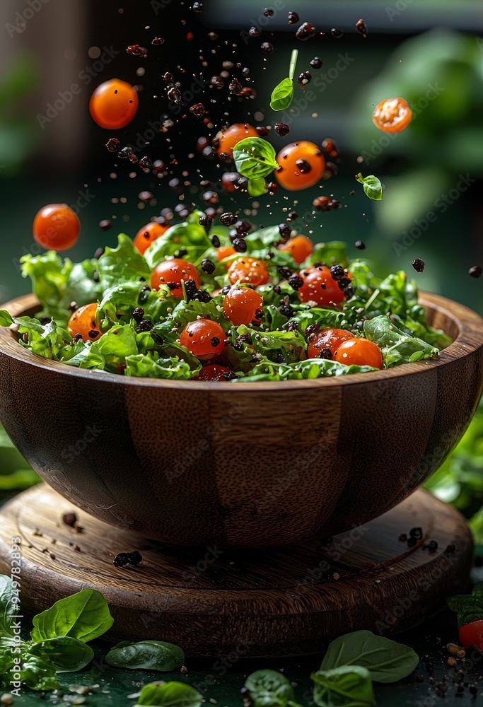 Poster floating salad ingredients in a wooden bowl. not based on any actual scene or reference picture.