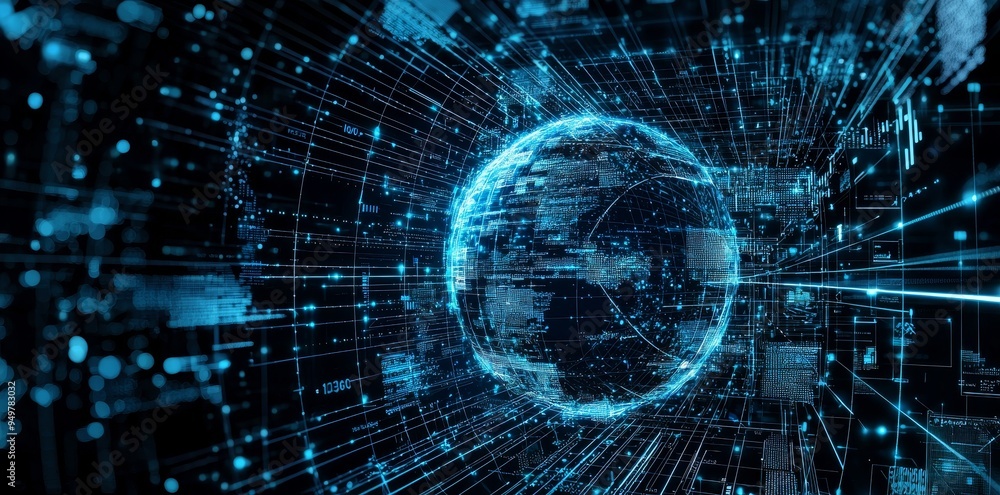 Poster A global network connection and innovation concept with a screen texture of abstract global statistics on a digital interface on a dark technological background, with a world map on a dark