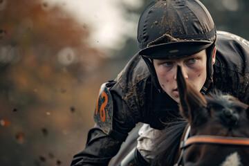 Generative AI photo image of person who ride horse, equestrian professional sport profession