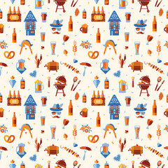 Obraz premium Oktoberfest seamless surface pattern. Beer festival icon pattern design on light background.