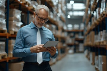 Fototapeta premium Accounting and bookkeeping in warehouses. An older man checks his statements for the presence of goods using a tablet computer.