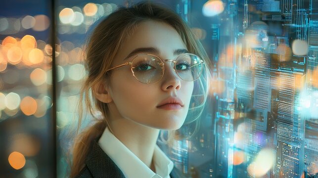 A businesswoman engineer communicates source code for building the virtual hud, holograms, stock, and the marketing of the enterprise